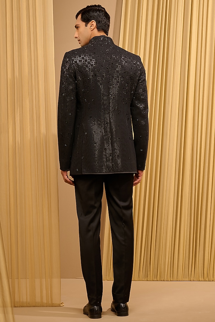 Black Silk Double Georgette Sequins Embroidered Groom Bandhgala Set by Tarun Tahiliani Men at Pernia's Pop Up Shop