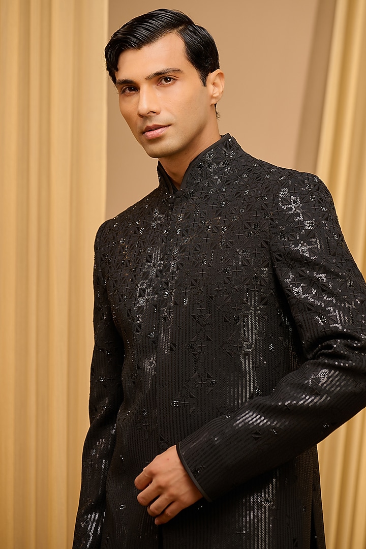Black Silk Double Georgette Sequins Embroidered Groom Bandhgala Set by Tarun Tahiliani Men at Pernia's Pop Up Shop