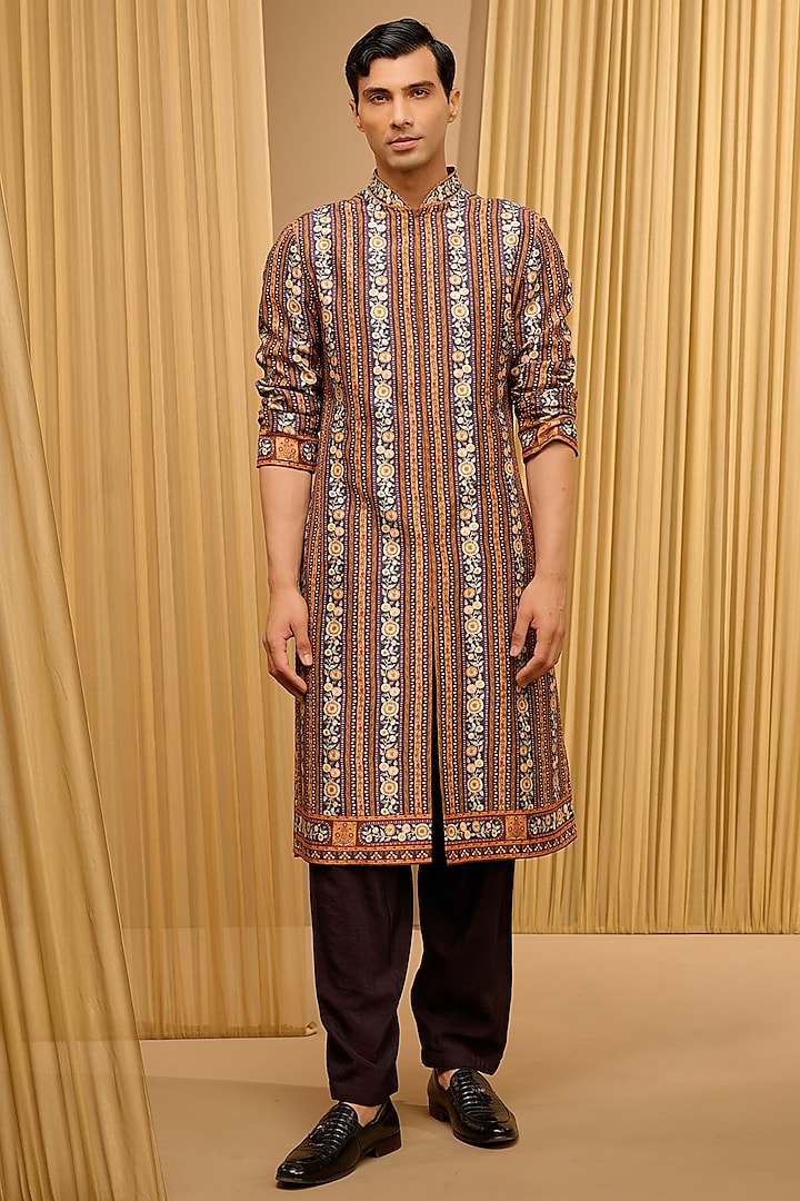 Multi-Colored Silk Dupion & Mulmul Printed Kurta by Tarun Tahiliani Men at Pernia's Pop Up Shop