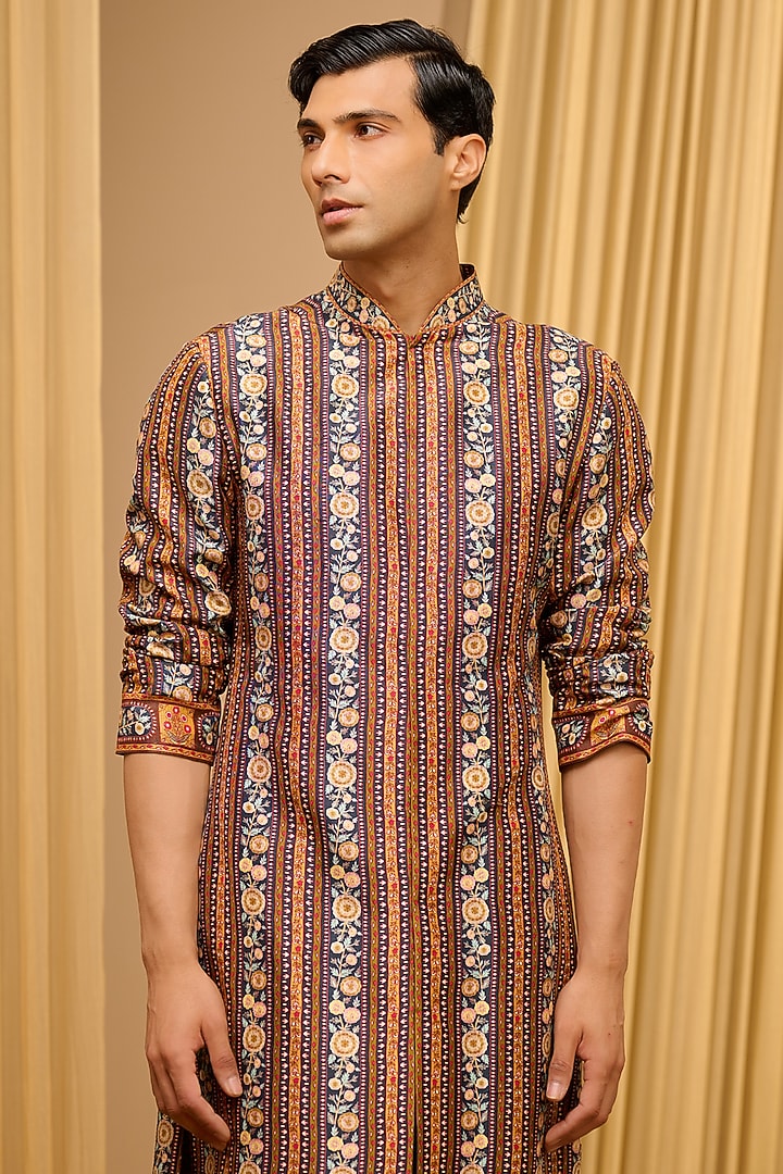 Multi-Colored Silk Dupion & Mulmul Printed Kurta by Tarun Tahiliani Men at Pernia's Pop Up Shop
