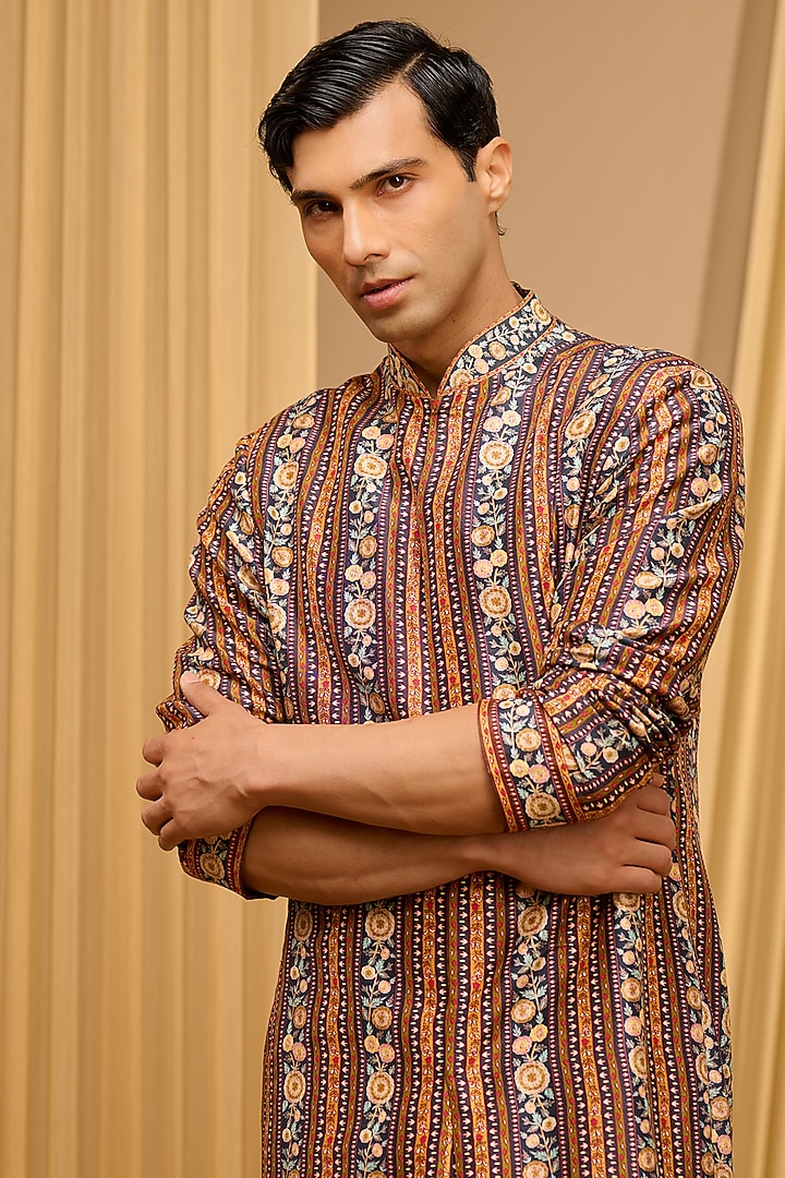 Multi-Colored Silk Dupion & Mulmul Printed Kurta by Tarun Tahiliani Men at Pernia's Pop Up Shop