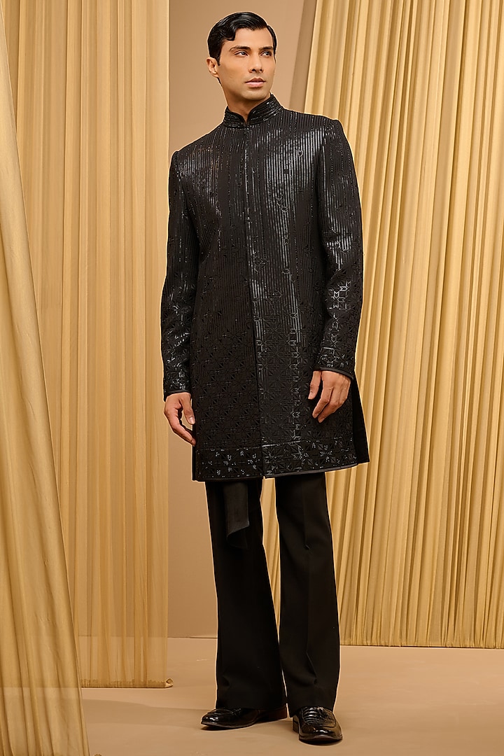 Black Silk Double Georgette Sequins Embroidered Groom Sherwani Set by Tarun Tahiliani Men at Pernia's Pop Up Shop