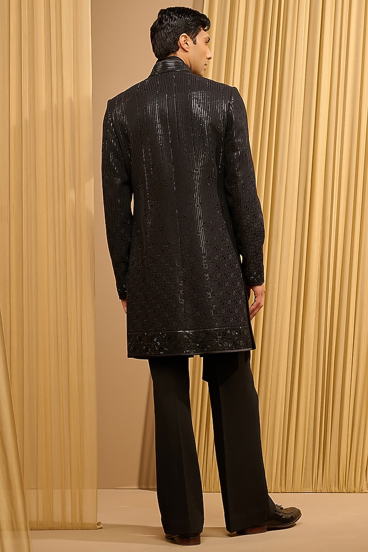Black Silk Double Georgette Sequins Embroidered Groom Sherwani Set by Tarun Tahiliani Men at Pernia's Pop Up Shop