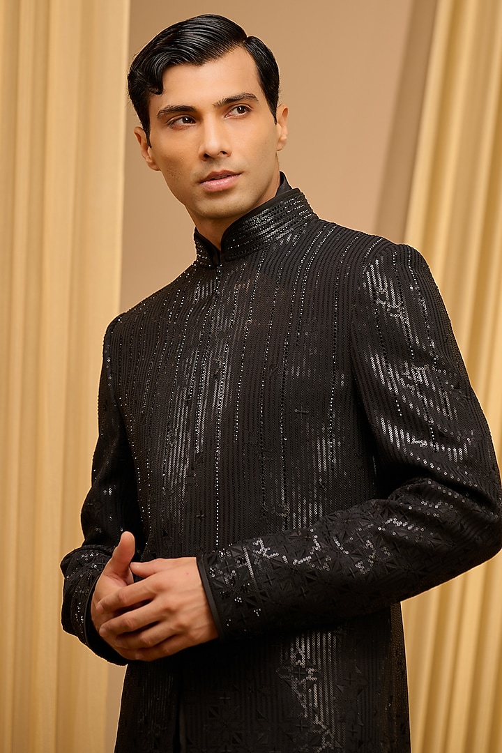 Black Silk Double Georgette Sequins Embroidered Groom Sherwani Set by Tarun Tahiliani Men at Pernia's Pop Up Shop