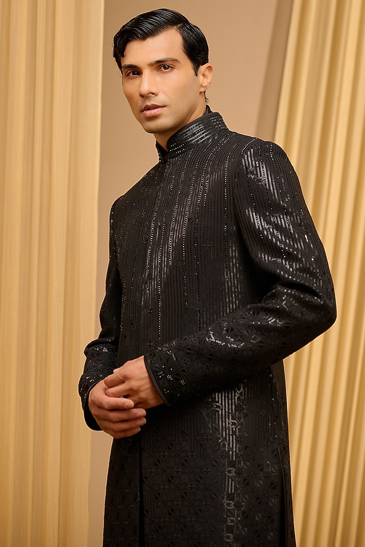 Black Silk Double Georgette Sequins Embroidered Groom Sherwani Set by Tarun Tahiliani Men at Pernia's Pop Up Shop