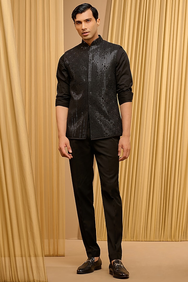 Black Silk Double Georgette Sequins Embroidered Chikankari Bundi Jacket by Tarun Tahiliani Men