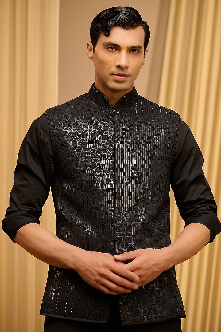 Black Silk Double Georgette Sequins Embroidered Chikankari Bundi Jacket by Tarun Tahiliani Men at Pernia's Pop Up Shop