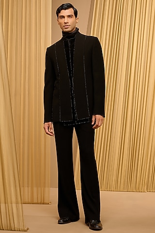 Black Japanese Crepe & Cotton Velvet Bandhgala Set by Tarun Tahiliani Men