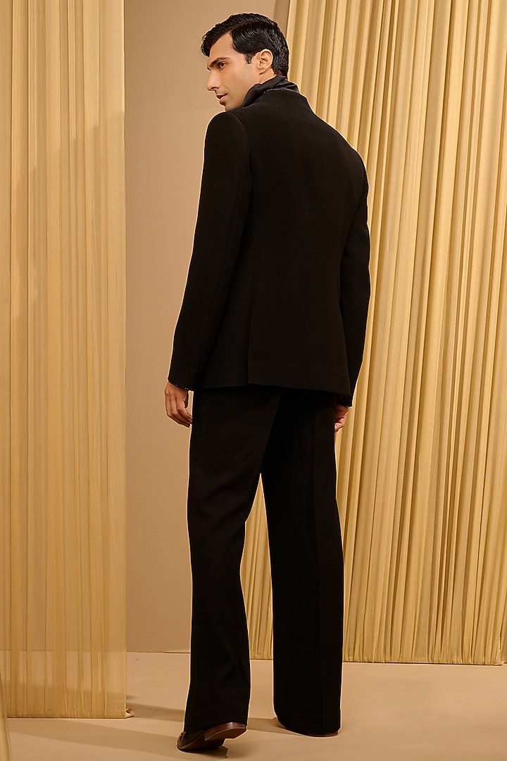Black Japanese Crepe & Cotton Velvet Groom Bandhgala Set by Tarun Tahiliani Men at Pernia's Pop Up Shop