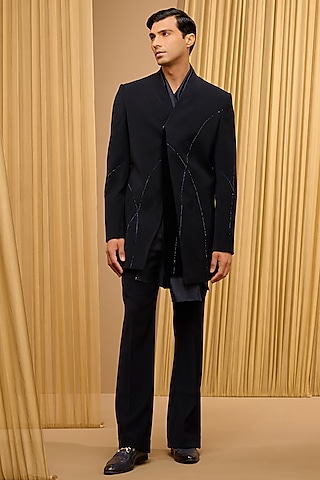 Black Japanese Crepe & Cotton Velvet Indo-Western Set by Tarun Tahiliani Men