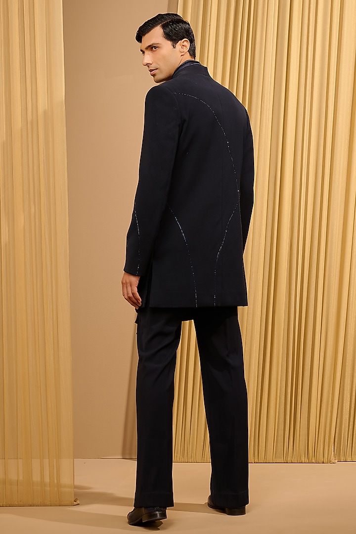 Black Japanese Crepe & Cotton Velvet Indo-Western Set by Tarun  