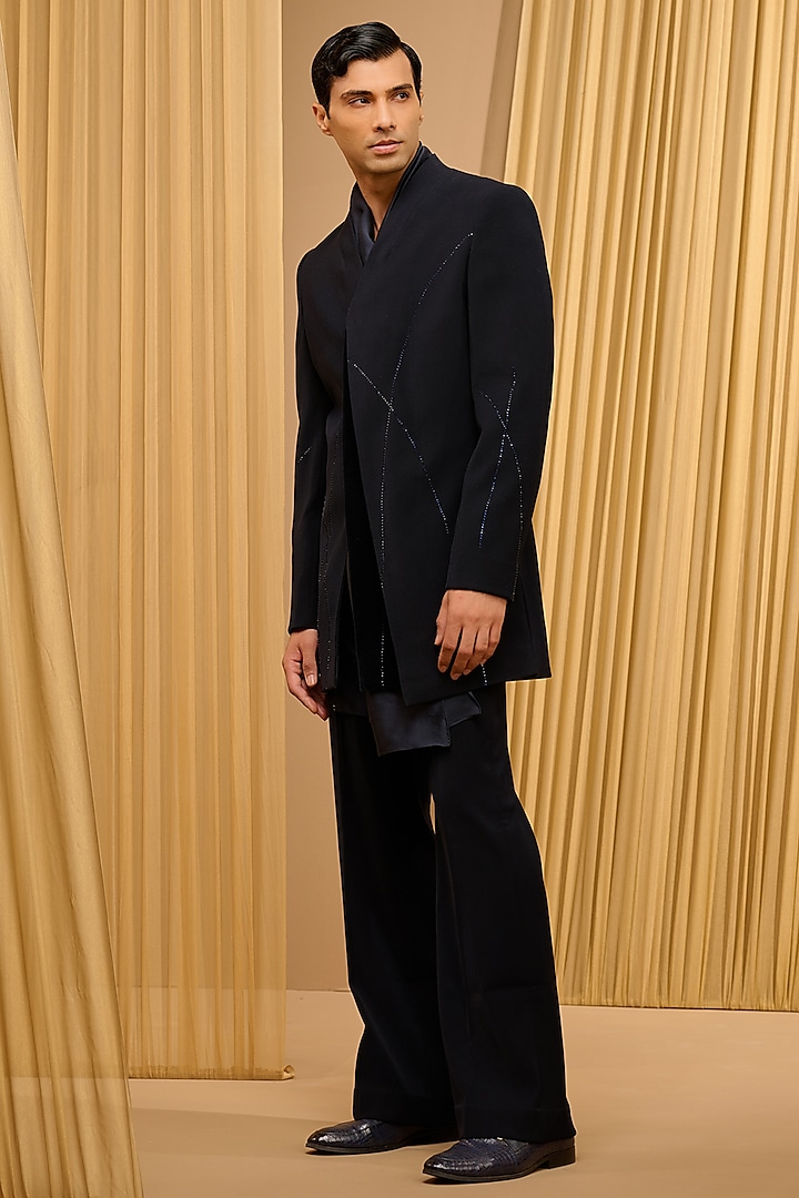 Black Japanese Crepe & Cotton Velvet Indo-Western Set by Tarun Tahiliani Men at Pernia's Pop Up Shop