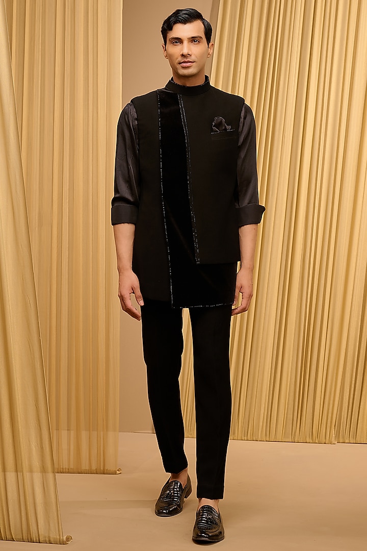 Black Japanese Crepe & Cotton Velvet Waistcoat Set by Tarun Tahiliani Men