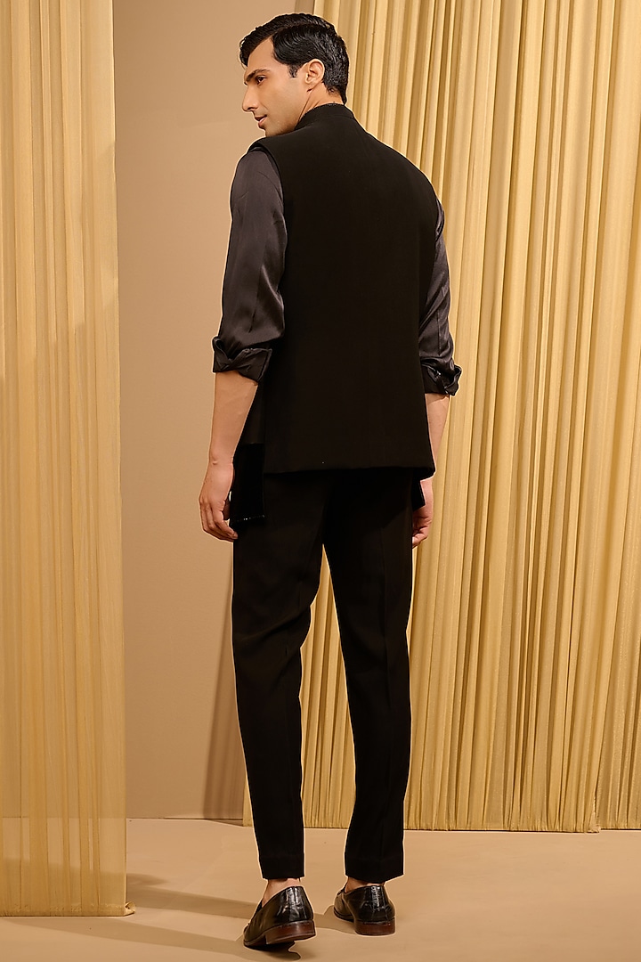 Black Japanese Crepe & Cotton Velvet Waistcoat Set by Tarun Tahiliani Men at Pernia's Pop Up Shop