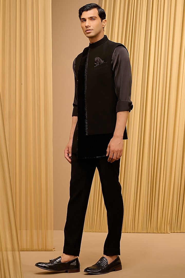 Black Japanese Crepe & Cotton Velvet Waistcoat Set by Tarun Tahiliani Men at Pernia's Pop Up Shop
