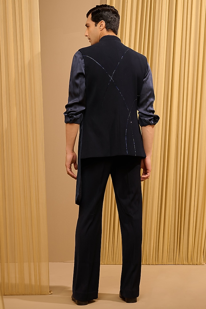 Black Japanese Crepe & Cotton Velvet Bundi Jacket Set by Tarun Tahiliani Men at Pernia's Pop Up Shop