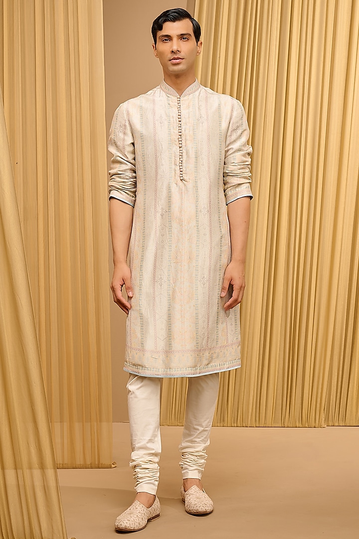 Ivory Silk Dupion & Mulmul Floral Stripe Printed Kurta by Tarun Tahiliani Men at Pernia's Pop Up Shop