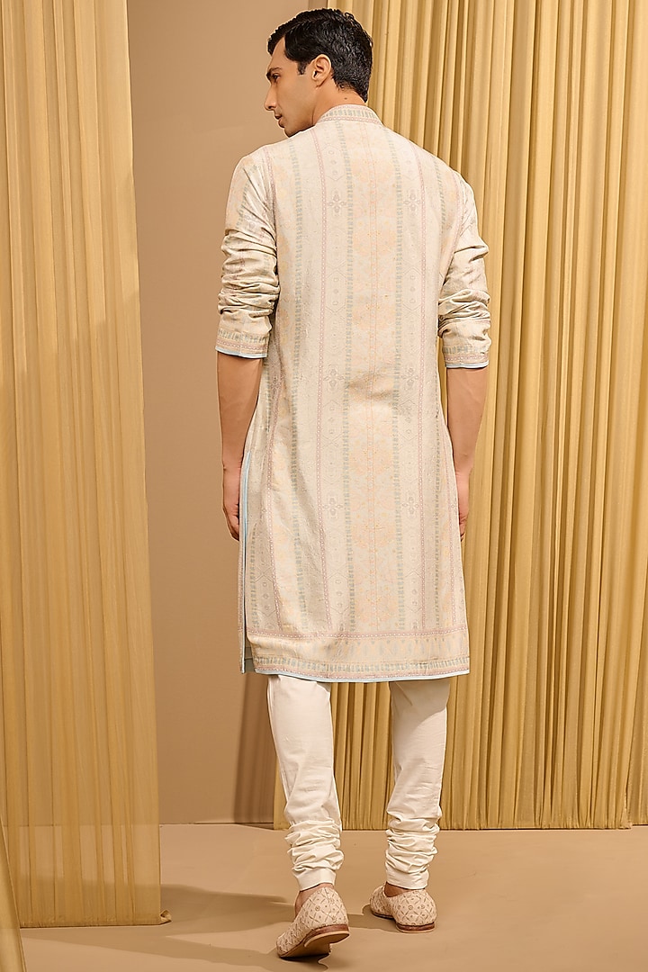 Ivory Silk Dupion & Mulmul Floral Stripe Printed Kurta by Tarun Tahiliani Men at Pernia's Pop Up Shop