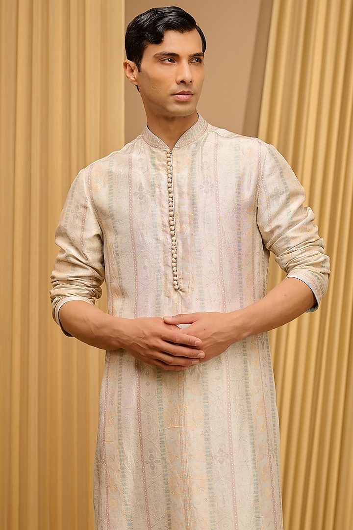Ivory Silk Dupion & Mulmul Floral Stripe Printed Kurta by Tarun Tahiliani Men at Pernia's Pop Up Shop