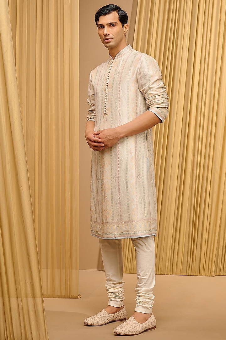 Ivory Silk Dupion & Mulmul Floral Stripe Printed Kurta by Tarun Tahiliani Men at Pernia's Pop Up Shop