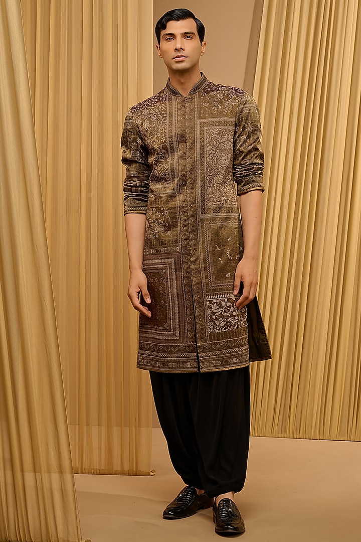 Olive & Black Tissue Georgette Printed Kurta by Tarun Tahiliani Men