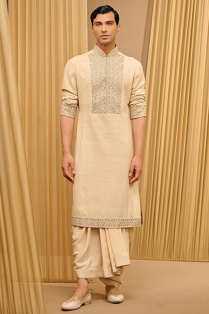 Beige Silk Double Georgette Thread Embroidered Kurta Set by Tarun Tahiliani Men