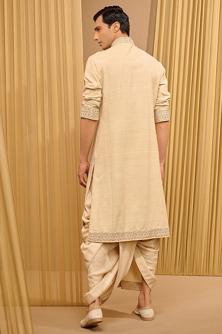 Beige Silk Double Georgette Thread Embroidered Kurta Set by Tarun Tahiliani Men at Pernia's Pop Up Shop