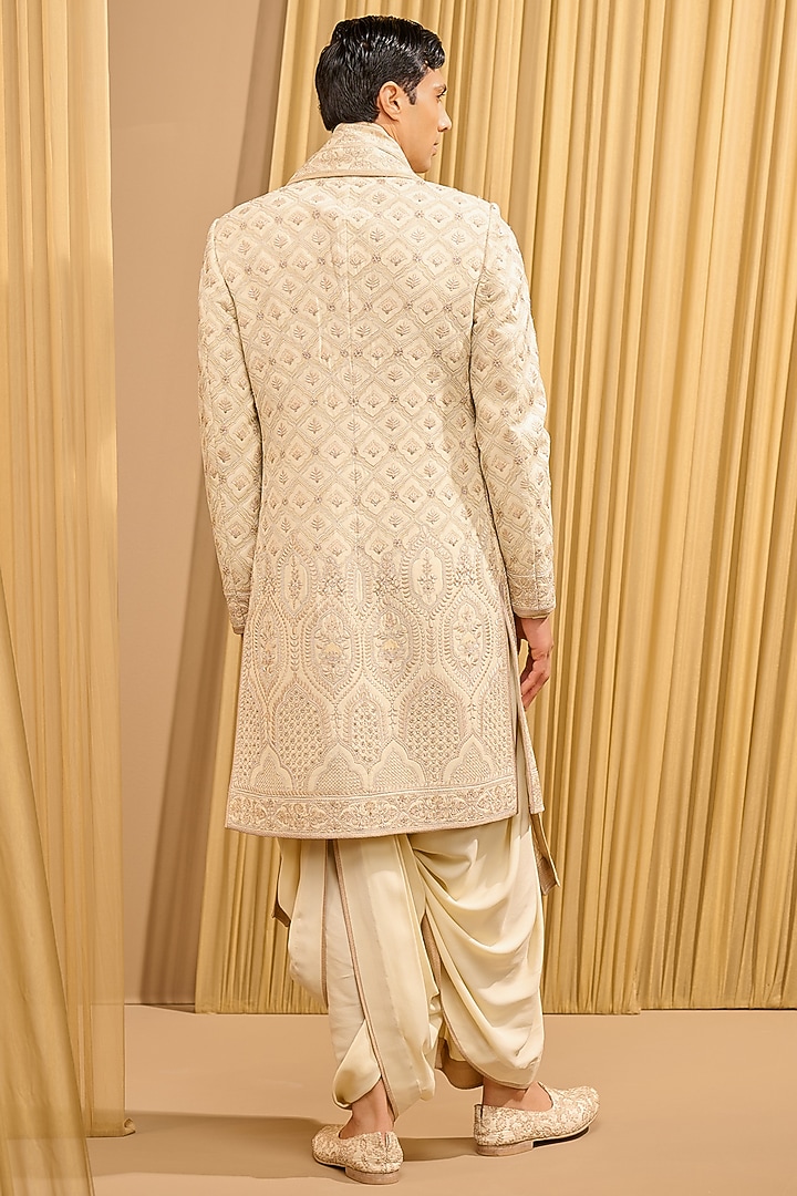 Ivory Silk Double Georgette Thread Embroidered & Printed Groom Sherwani Set by Tarun Tahiliani Men at Pernia's Pop Up Shop