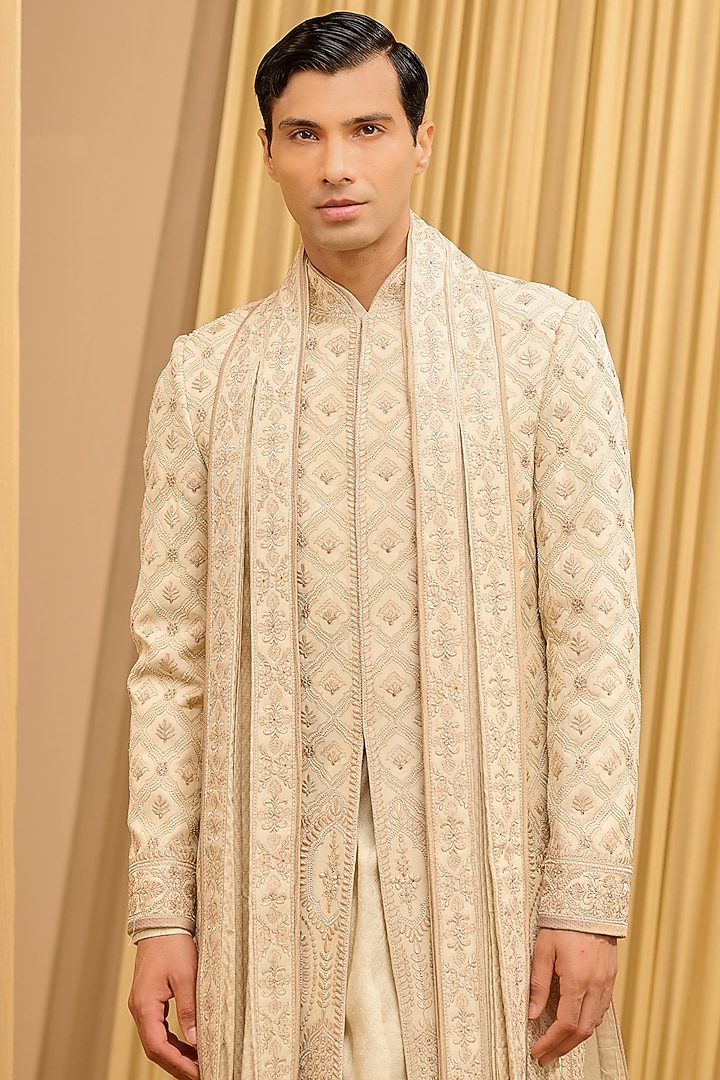 Ivory Silk Double Georgette Thread Embroidered & Printed Groom Sherwani Set by Tarun Tahiliani Men at Pernia's Pop Up Shop