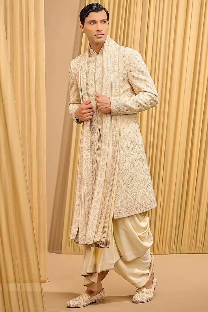 Ivory Silk Double Georgette Thread Embroidered & Printed Groom Sherwani Set by Tarun Tahiliani Men at Pernia's Pop Up Shop
