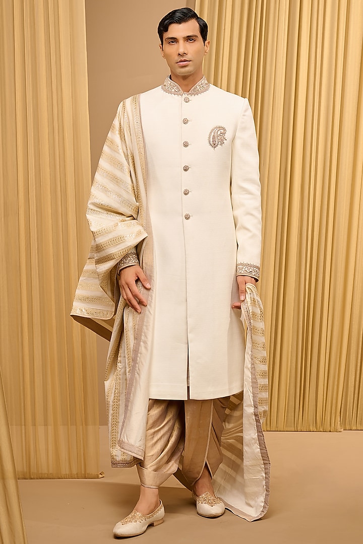 Ivory Tissue Georgette & Textured Fabric Zardosi Embroidered Groom Sherwani Set by Tarun Tahiliani Men at Pernia's Pop Up Shop