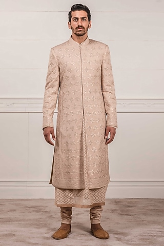 Salmon Pink Chikankari Sherwani Set by Tarun Tahiliani Men