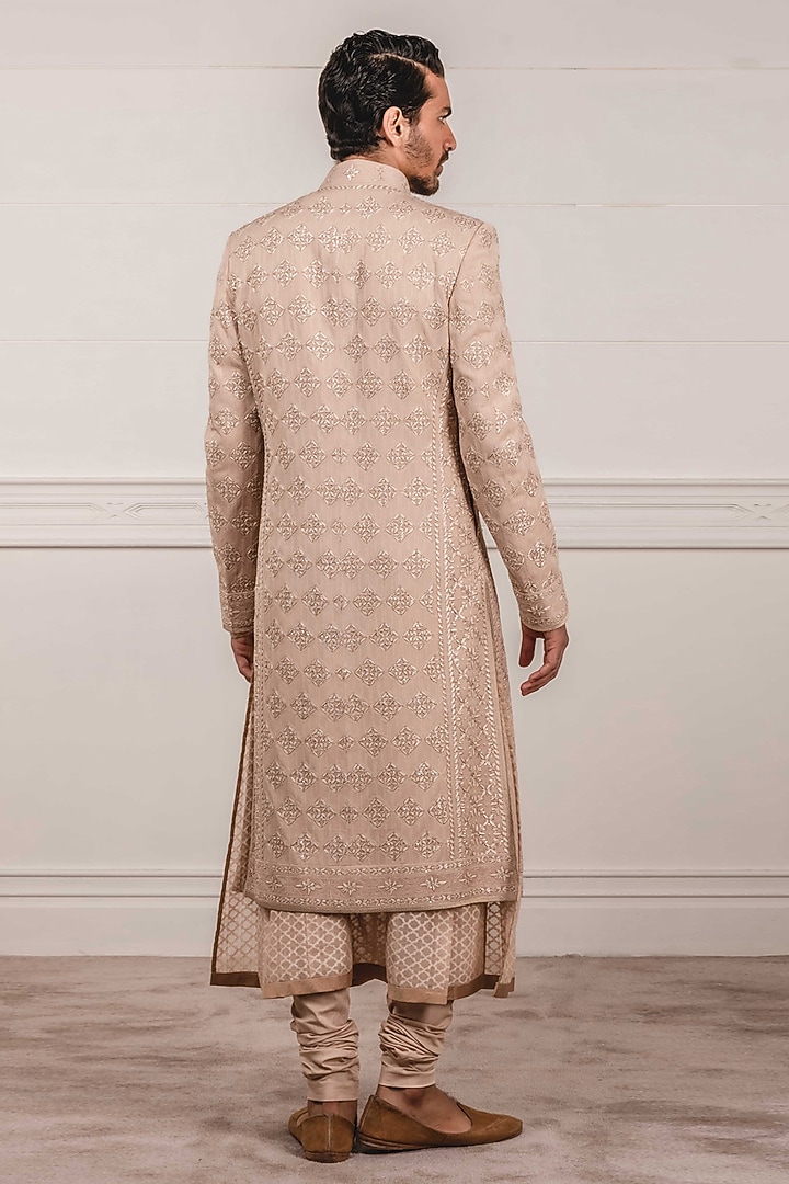 Salmon Pink Chikankari Groom Sherwani Set by Tarun Tahiliani Men at Pernia's Pop Up Shop