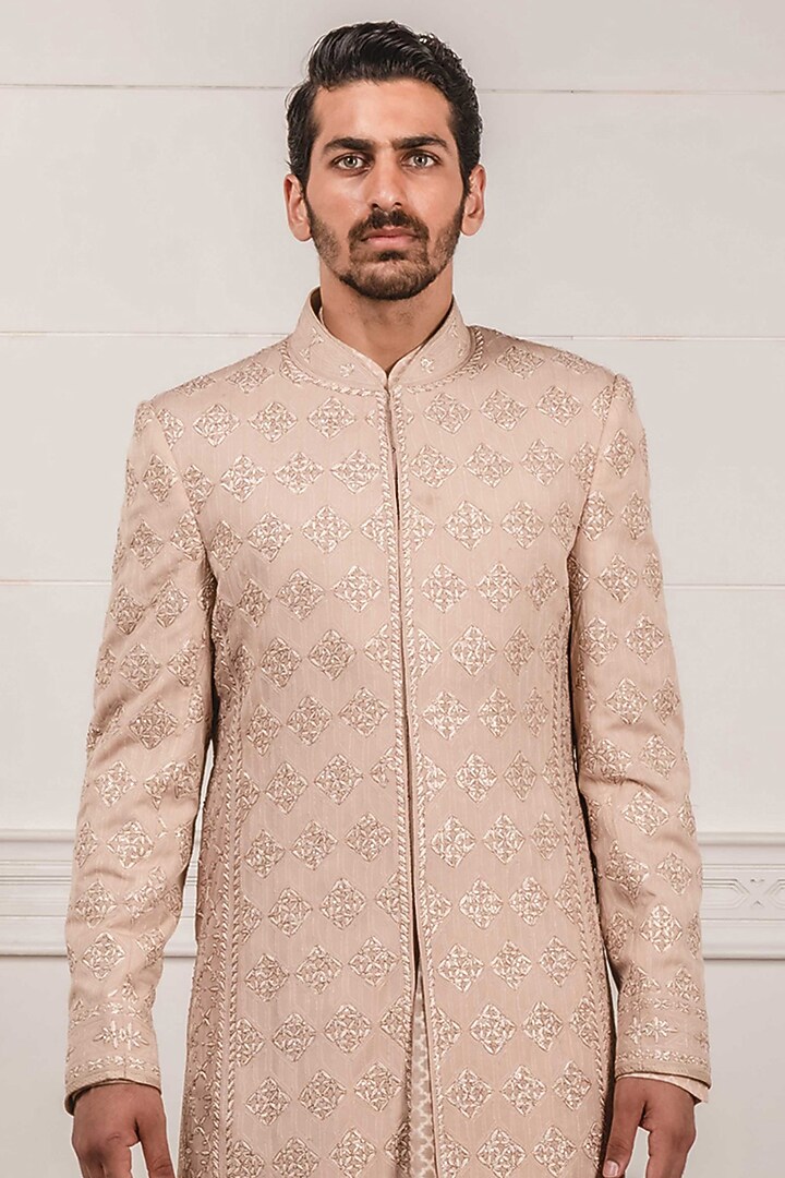 Salmon Pink Chikankari Groom Sherwani Set by Tarun Tahiliani Men at Pernia's Pop Up Shop