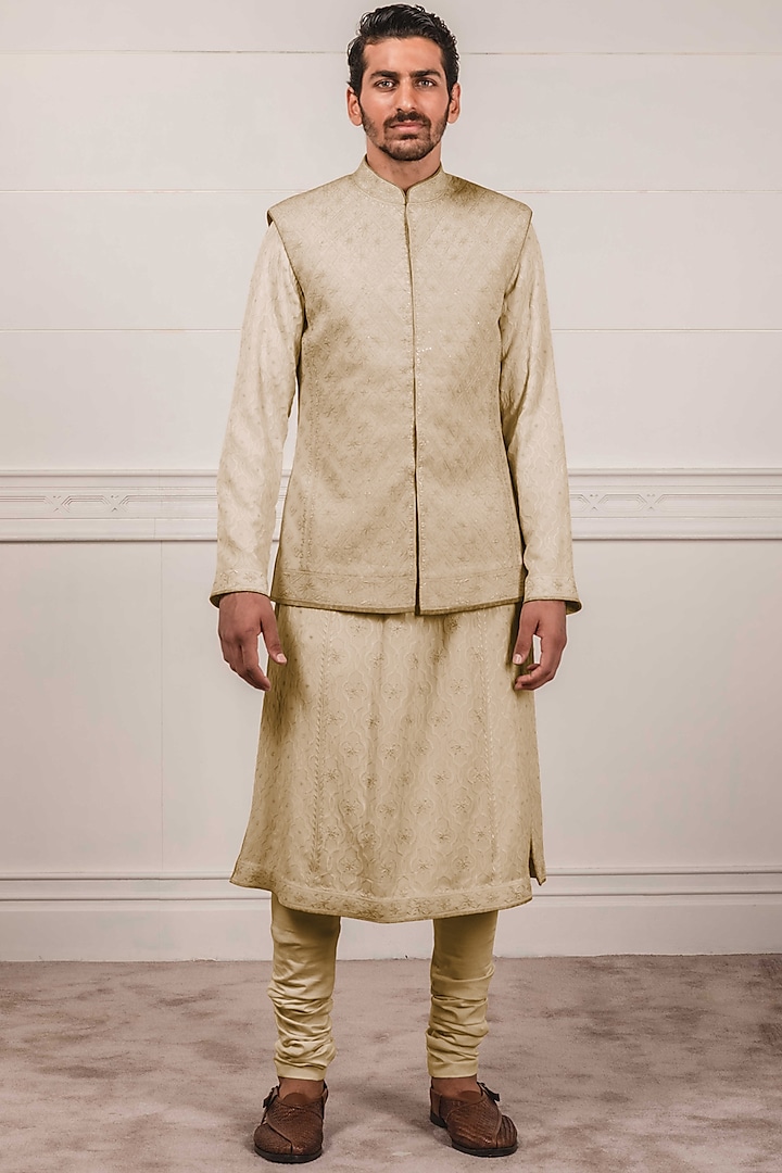 Gold Lucknowi Chikankari Waistcoat by Tarun Tahiliani Men
