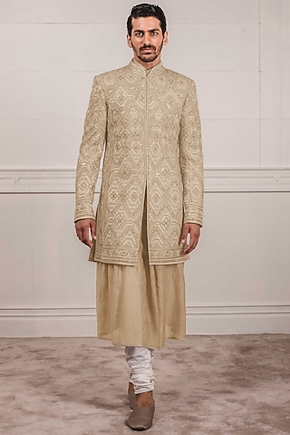 Beige Embroidered Sherwani Set by Tarun Tahiliani Men