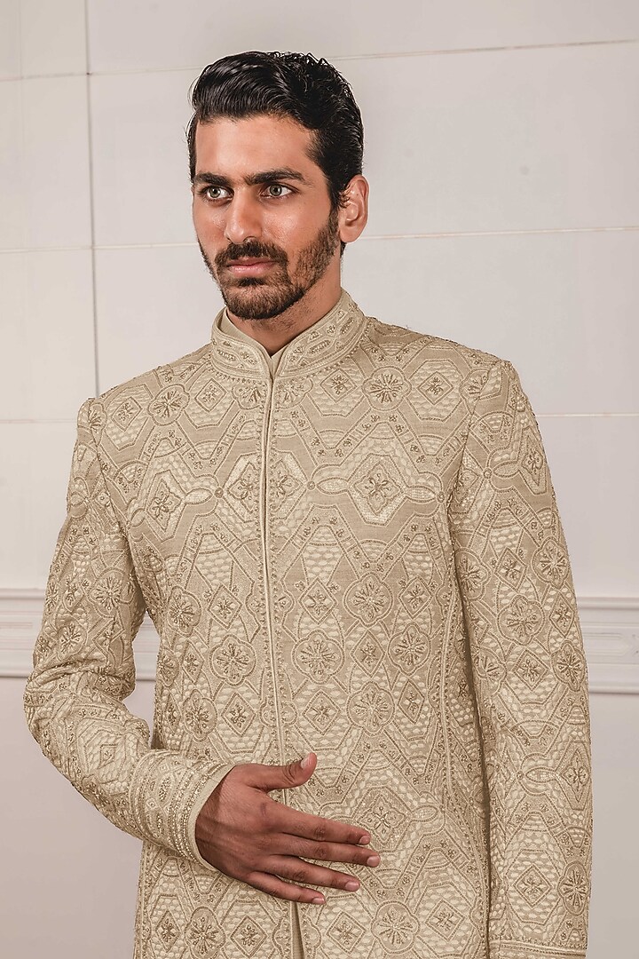 Beige Embroidered Groom Sherwani Set by Tarun Tahiliani Men at Pernia's Pop Up Shop