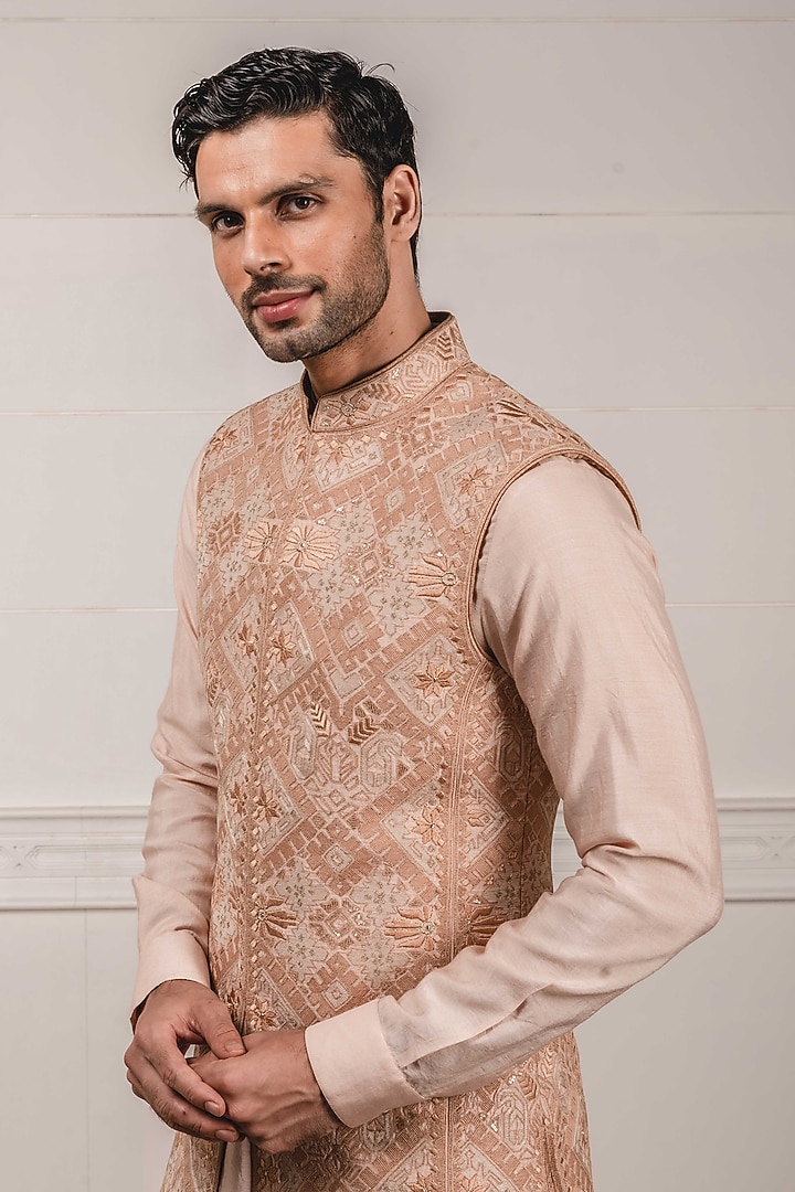 Beige Embroidered Sleeveless Groom Sherwani Set by Tarun Tahiliani Men at Pernia's Pop Up Shop