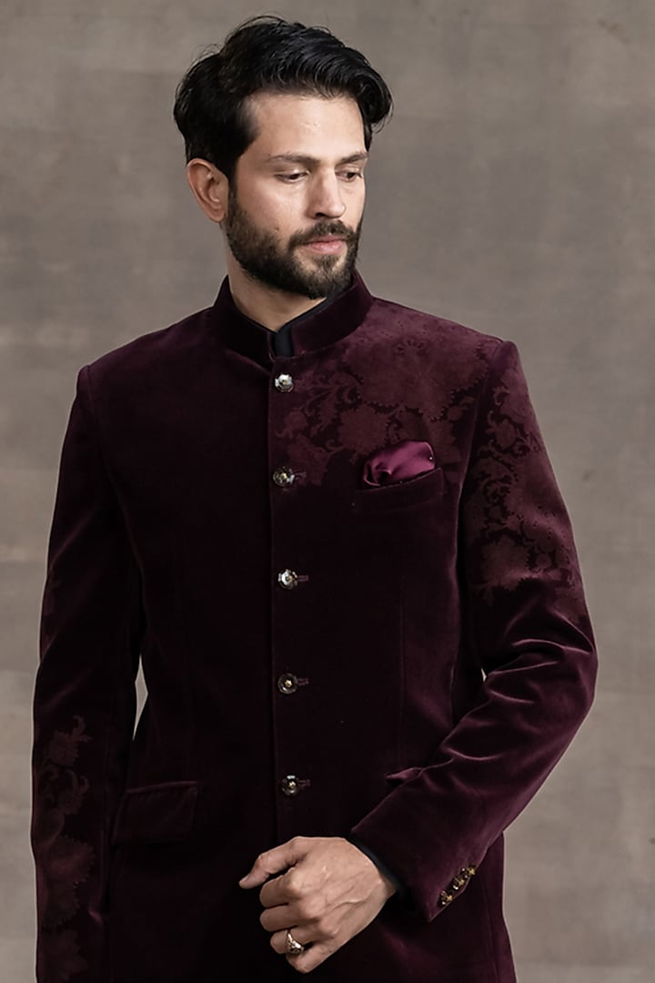 Wine Velvet Groom Bandhgala Jacket Set by Tarun Tahiliani Men at Pernia's Pop Up Shop
