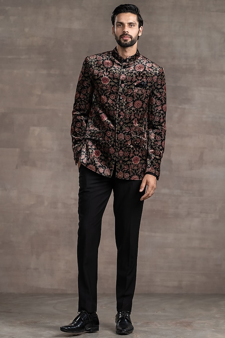 Black & Pink Velvet Bandhgala Jacket Set by Tarun Tahiliani Men