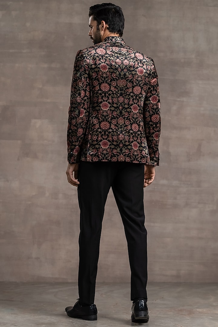 Black & Pink Velvet Groom Bandhgala Jacket Set by Tarun Tahiliani Men at Pernia's Pop Up Shop