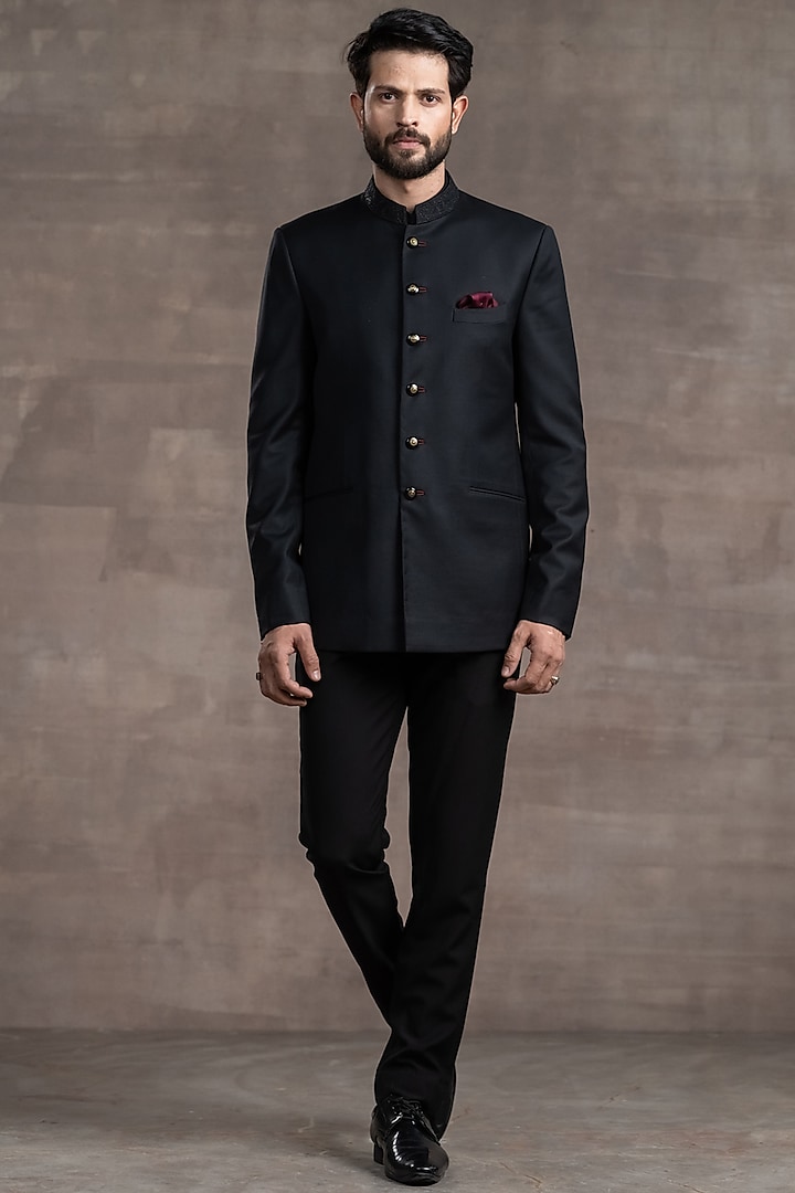 Black Crepe Wool Bandhgala Jacket Set by Tarun Tahiliani Men