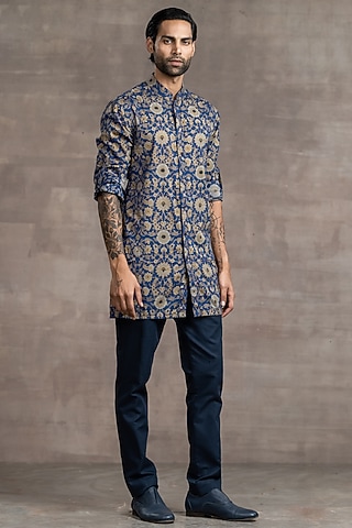 Blue & Beige Printed Kurta Set by Tarun Tahiliani Men