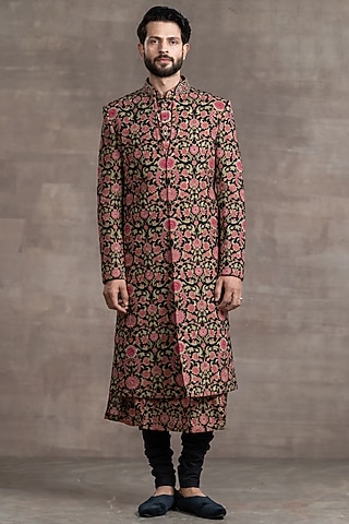 Black & Pink Printed Sherwani Set by Tarun Tahiliani Men