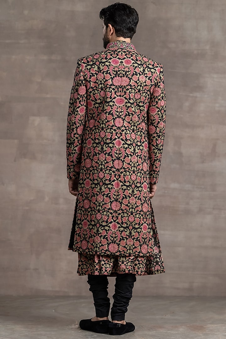 Black & Pink Printed Groom Sherwani Set by Tarun Tahiliani Men at Pernia's Pop Up Shop