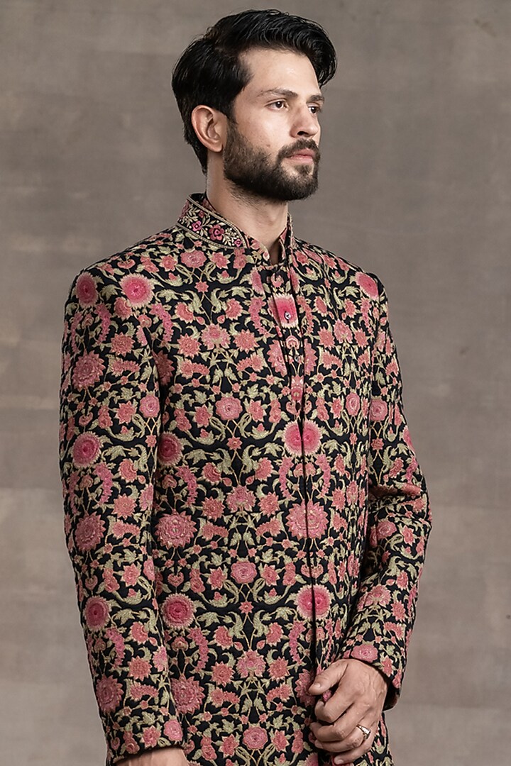 Black & Pink Printed Groom Sherwani Set by Tarun Tahiliani Men at Pernia's Pop Up Shop