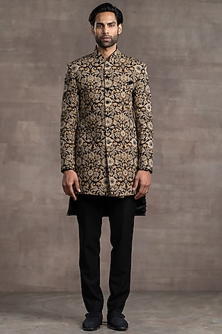 Black & Beige Printed Sherwani Set by Tarun Tahiliani Men