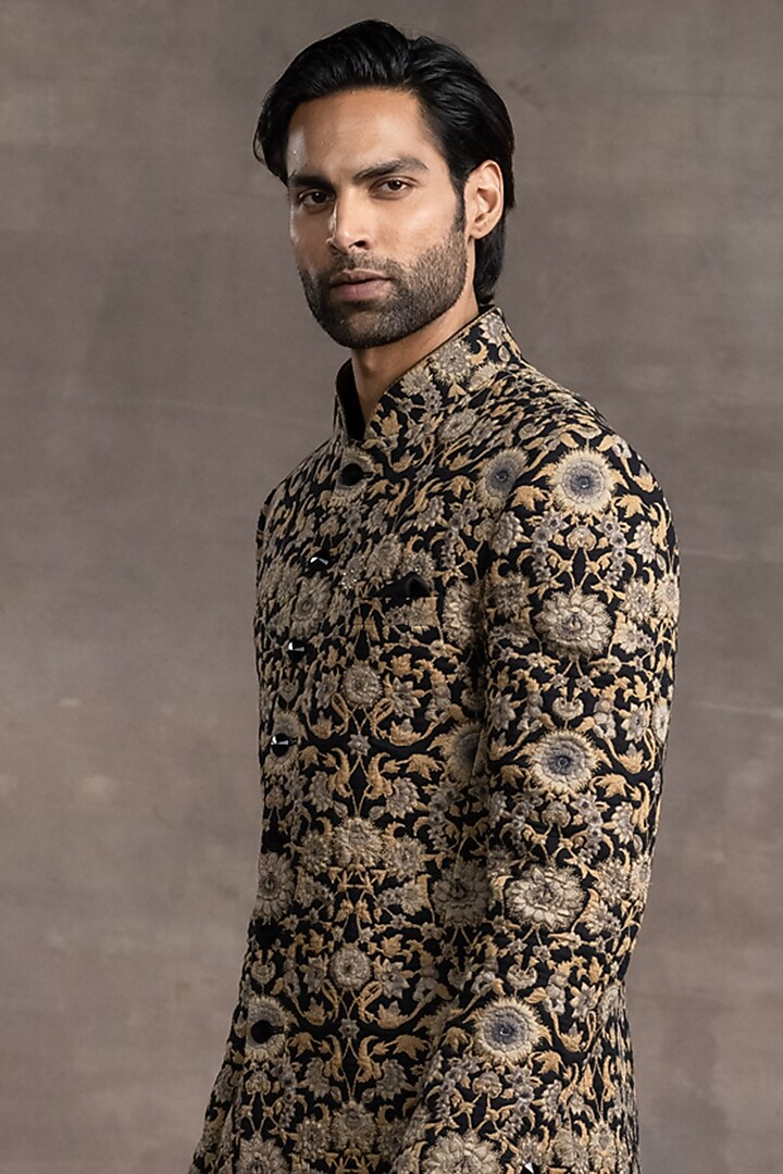 Black & Beige Printed Groom Sherwani Set by Tarun Tahiliani Men at Pernia's Pop Up Shop