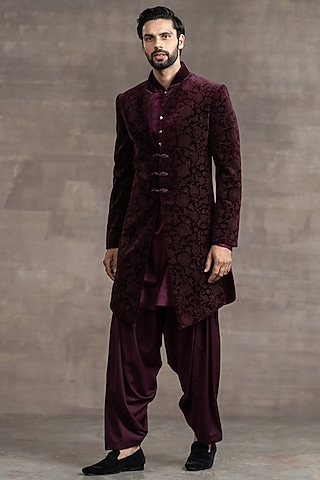 Wine Velvet Sherwani Set by Tarun Tahiliani Men