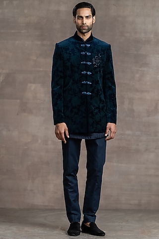 Teal Blue Velvet Bandhgala Set by Tarun Tahiliani Men